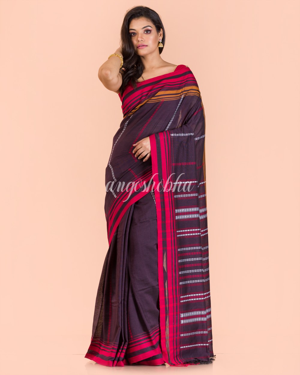 Dark Brown Handwoven Cotton Saree angoshobha