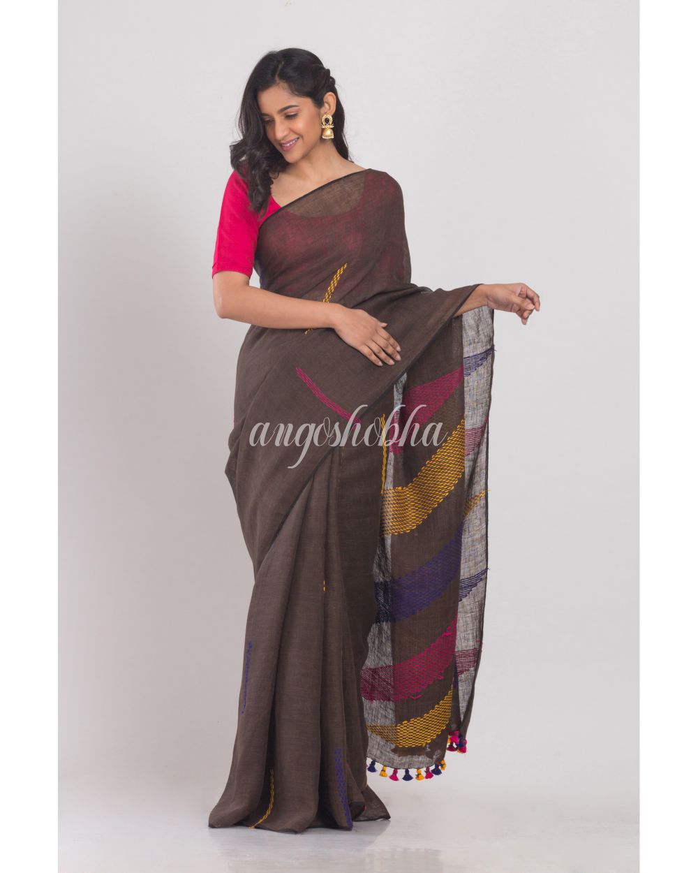 Dark Brown Handwoven Linen Saree angoshobha