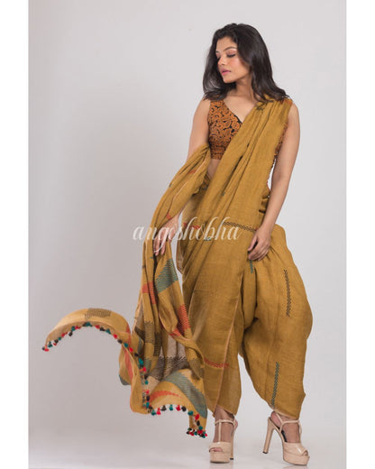 Dark Brown Handwoven Linen Saree angoshobha