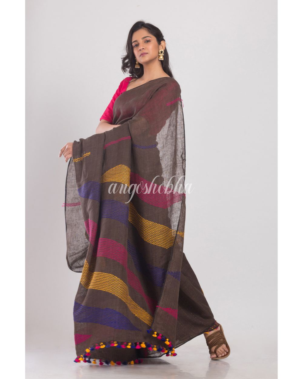 Dark Brown Handwoven Linen Saree angoshobha