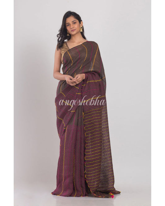 Dark Brown Handwoven Linen Saree angoshobha