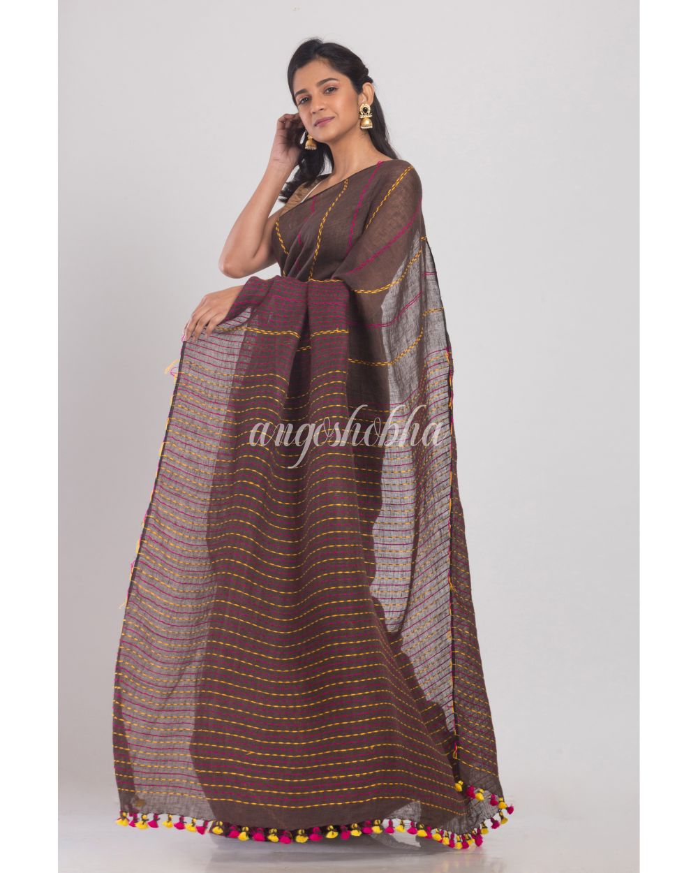 Dark Brown Handwoven Linen Saree angoshobha