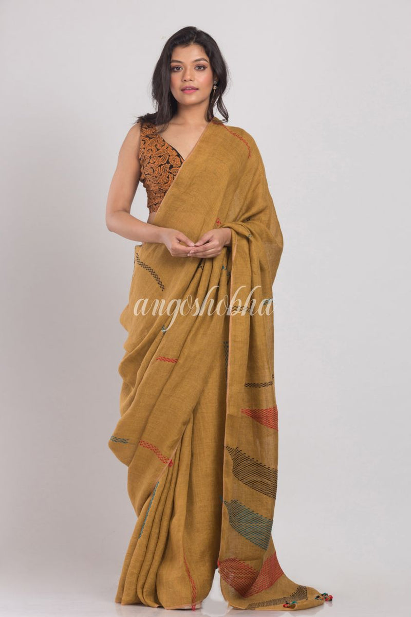 Dark Brown Handwoven Linen Saree