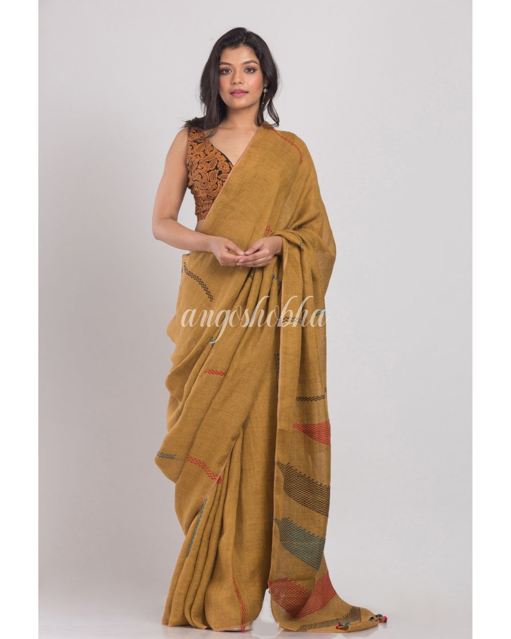 Dark Brown Handwoven Linen Saree angoshobha