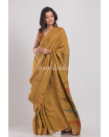 Dark Brown Handwoven Linen Saree angoshobha