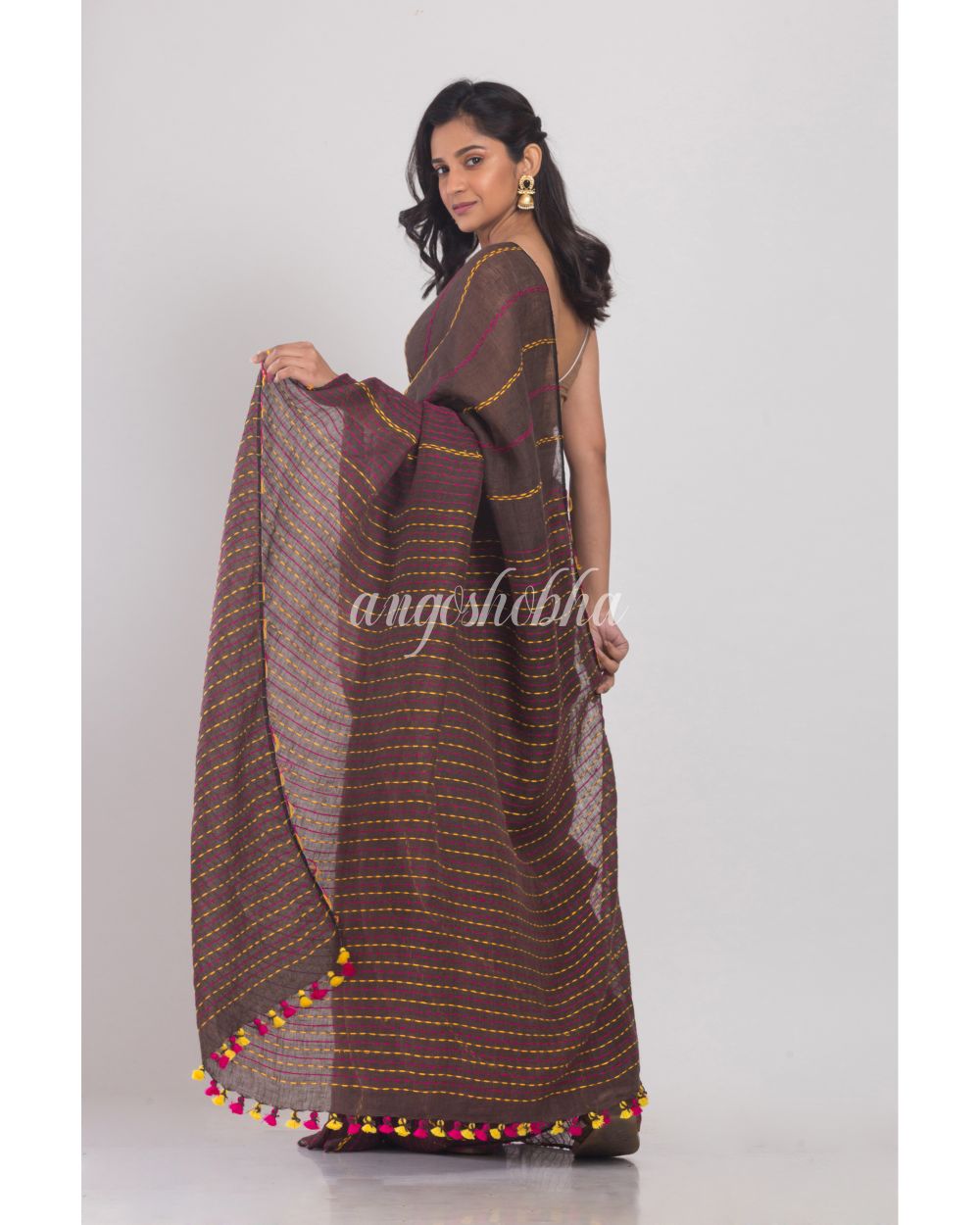 Dark Brown Handwoven Linen Saree angoshobha