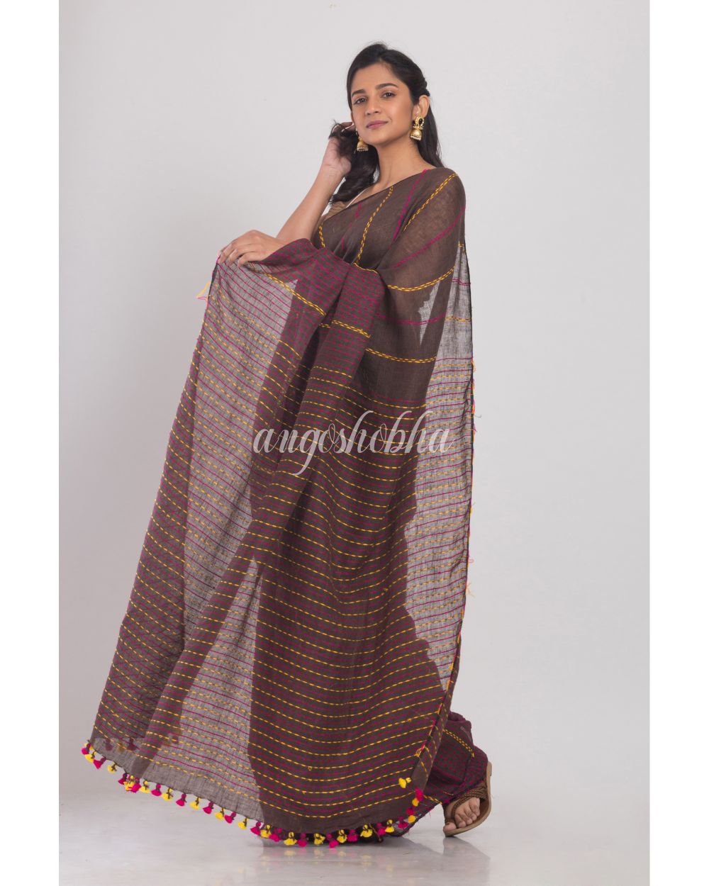 Dark Brown Handwoven Linen Saree angoshobha