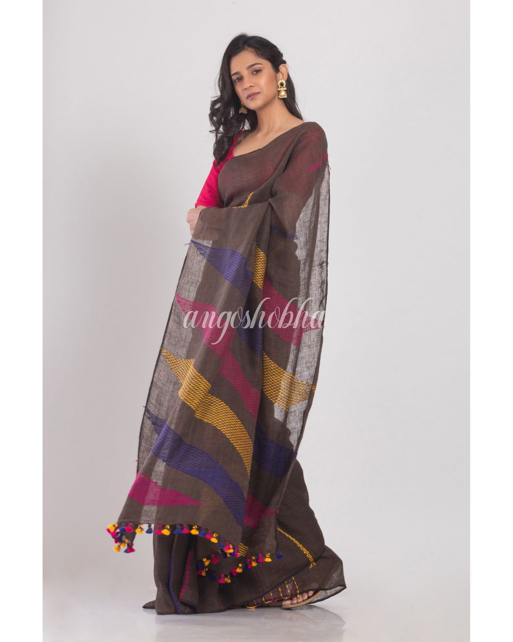 Dark Brown Handwoven Linen Saree angoshobha