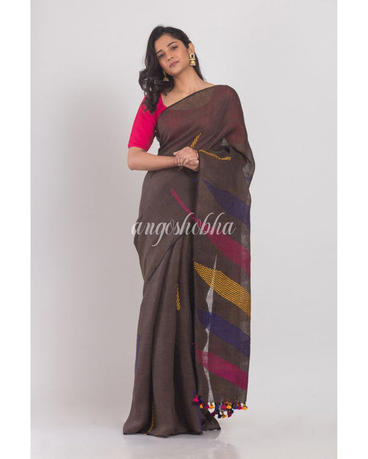 Dark Brown Handwoven Linen Saree angoshobha