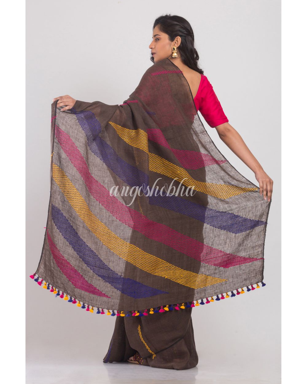Dark Brown Handwoven Linen Saree angoshobha