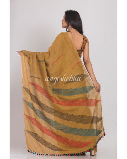 Dark Brown Handwoven Linen Saree angoshobha