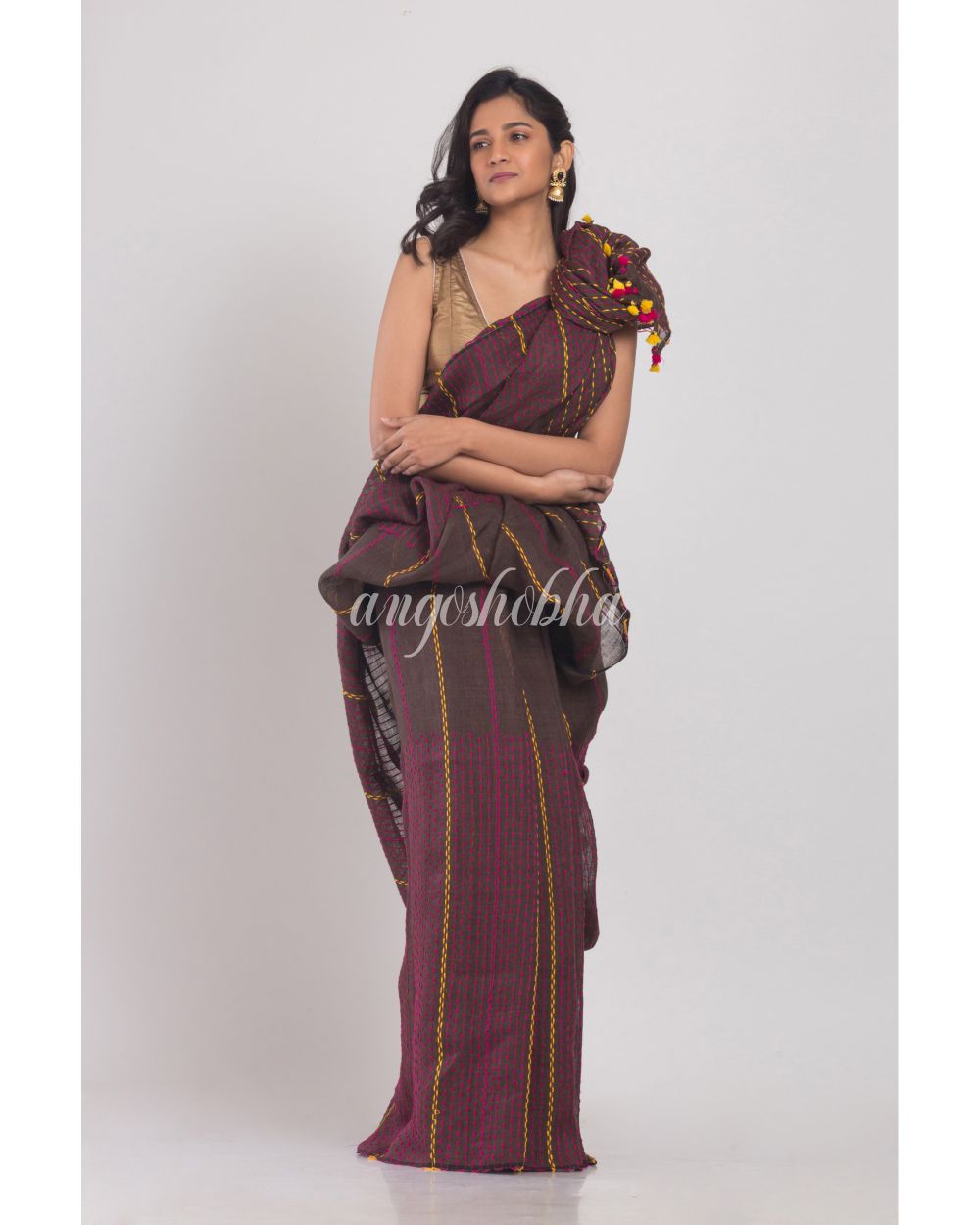 Dark Brown Handwoven Linen Saree angoshobha