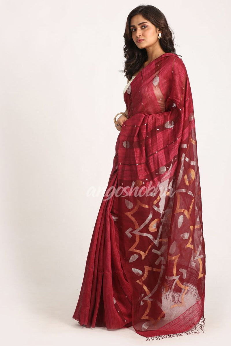 Dark Fuchia Matka Silk Handloom Traditional Sequin Jamdani Saree