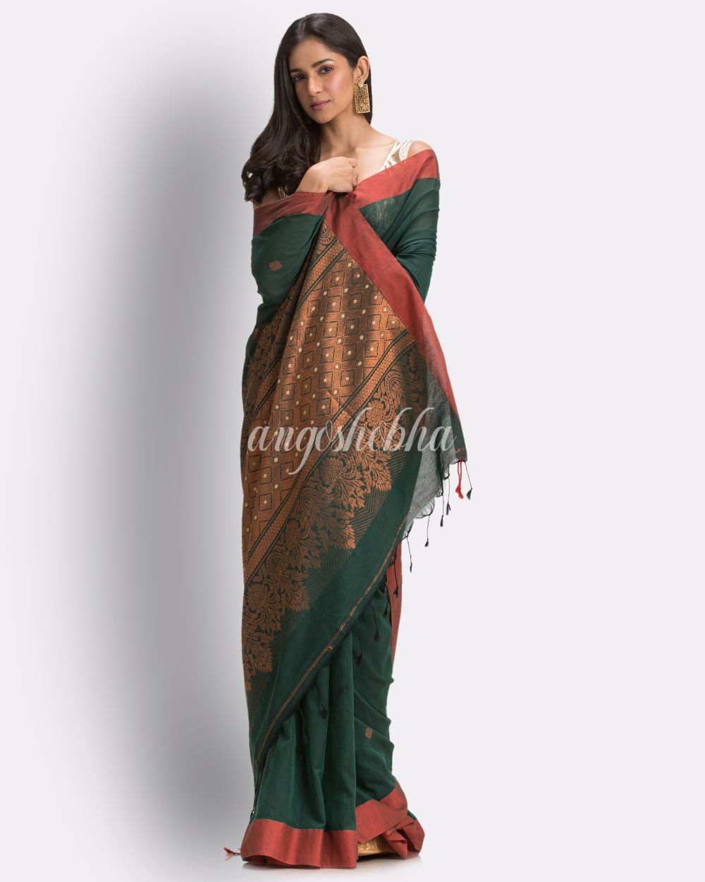 Dark Green Handloom Cotton Saree angoshobha