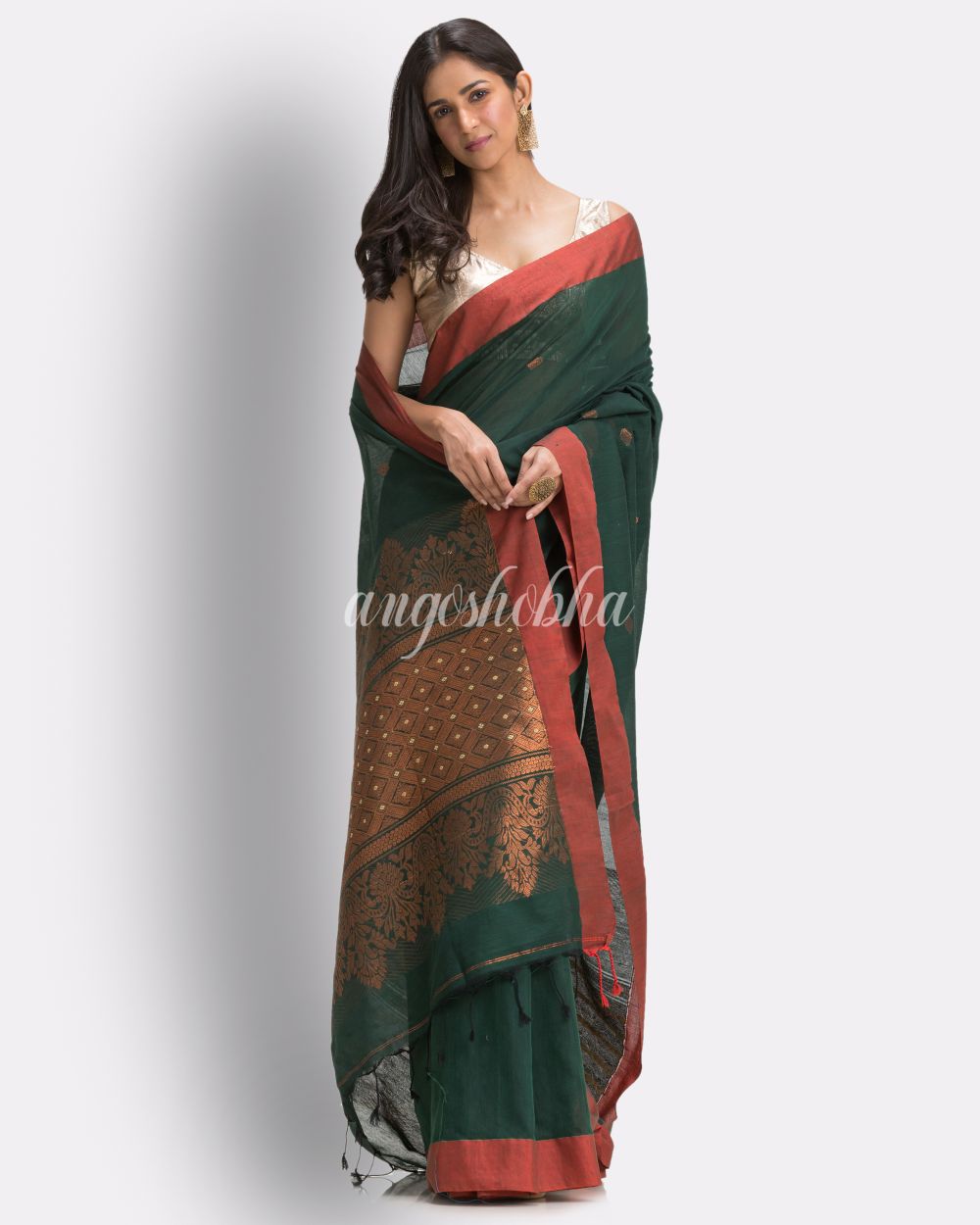 Dark Green Handloom Cotton Saree angoshobha