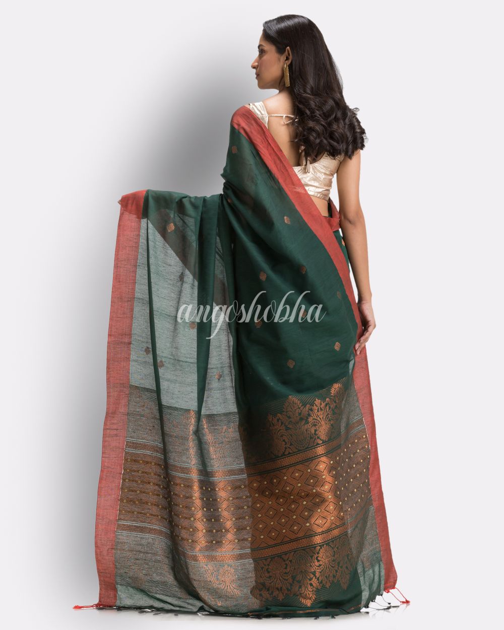 Dark Green Handloom Cotton Saree angoshobha