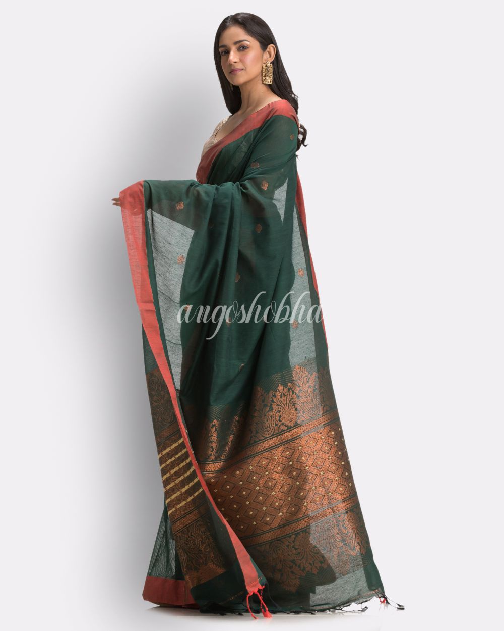 Dark Green Handloom Cotton Saree angoshobha