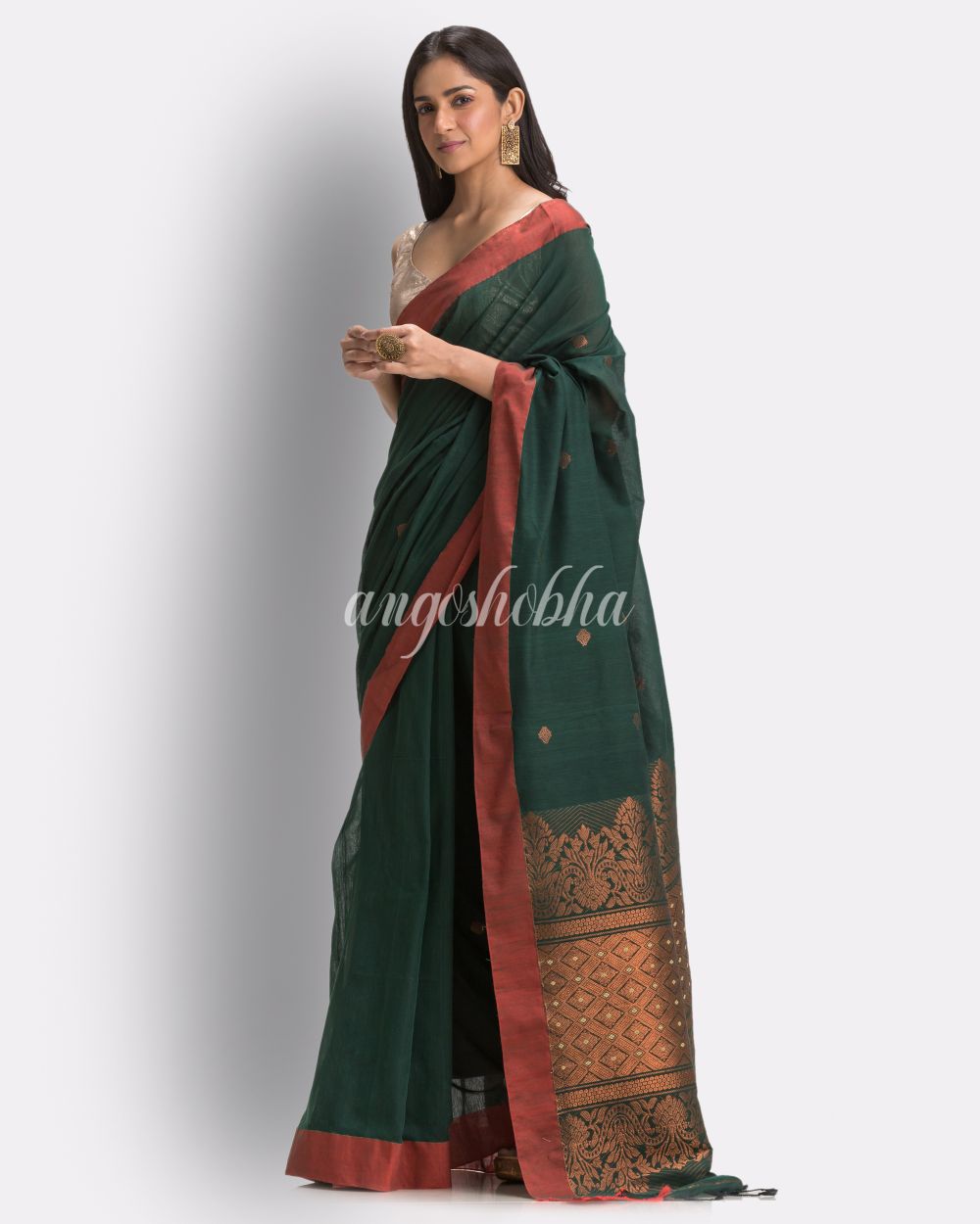 Dark Green Handloom Cotton Saree angoshobha