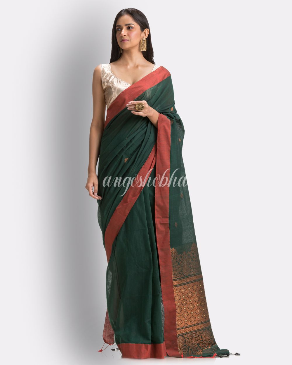 Dark Green Handloom Cotton Saree angoshobha