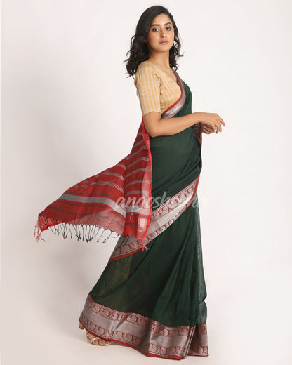 Dark Green Handloom Cotton Tangail Saree angoshobha