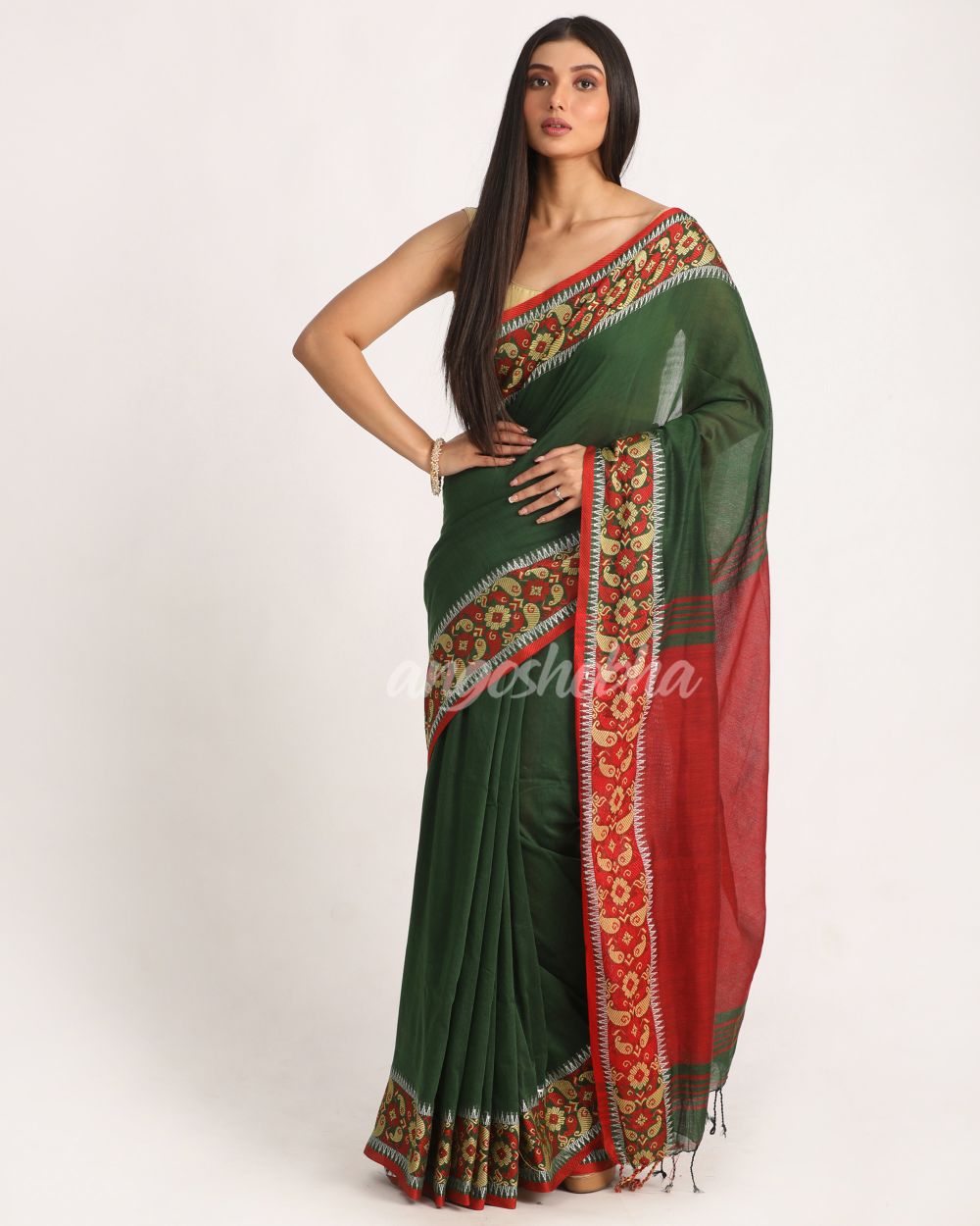 Dark Green Handloom Cotton Tangail Saree angoshobha