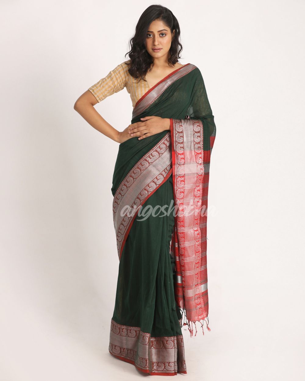 Dark Green Handloom Cotton Tangail Saree angoshobha