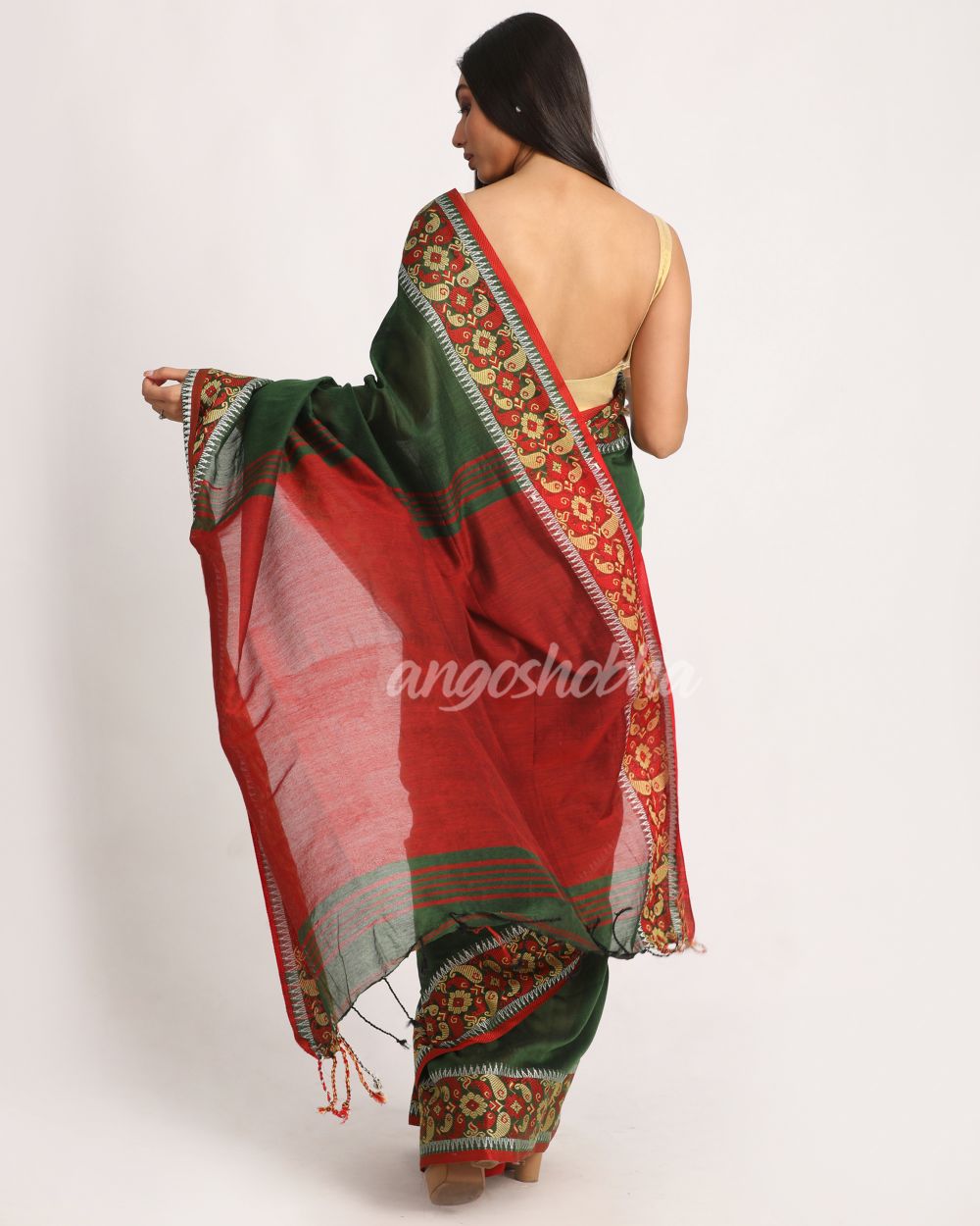 Dark Green Handloom Cotton Tangail Saree angoshobha