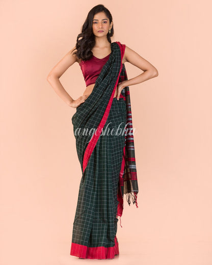 Dark Green Handwoven Cotton Saree angoshobha