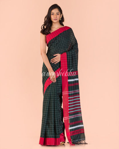 Dark Green Handwoven Cotton Saree angoshobha