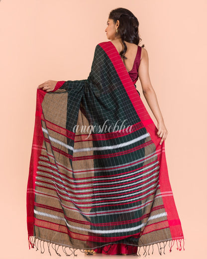 Dark Green Handwoven Cotton Saree angoshobha