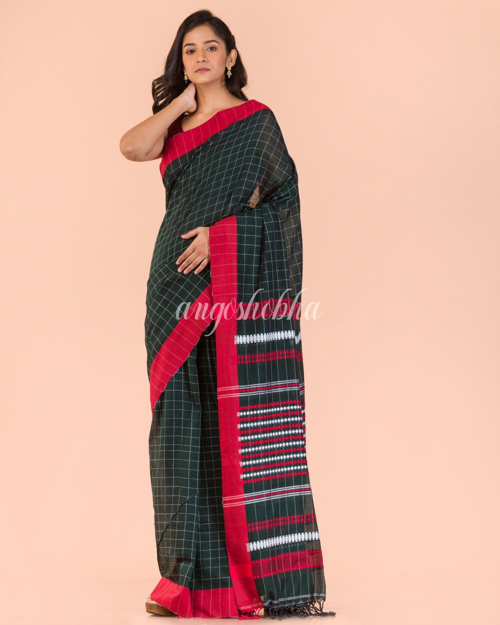 Dark Green Handwoven Cotton Saree angoshobha