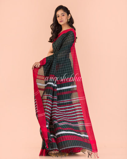 Dark Green Handwoven Cotton Saree angoshobha