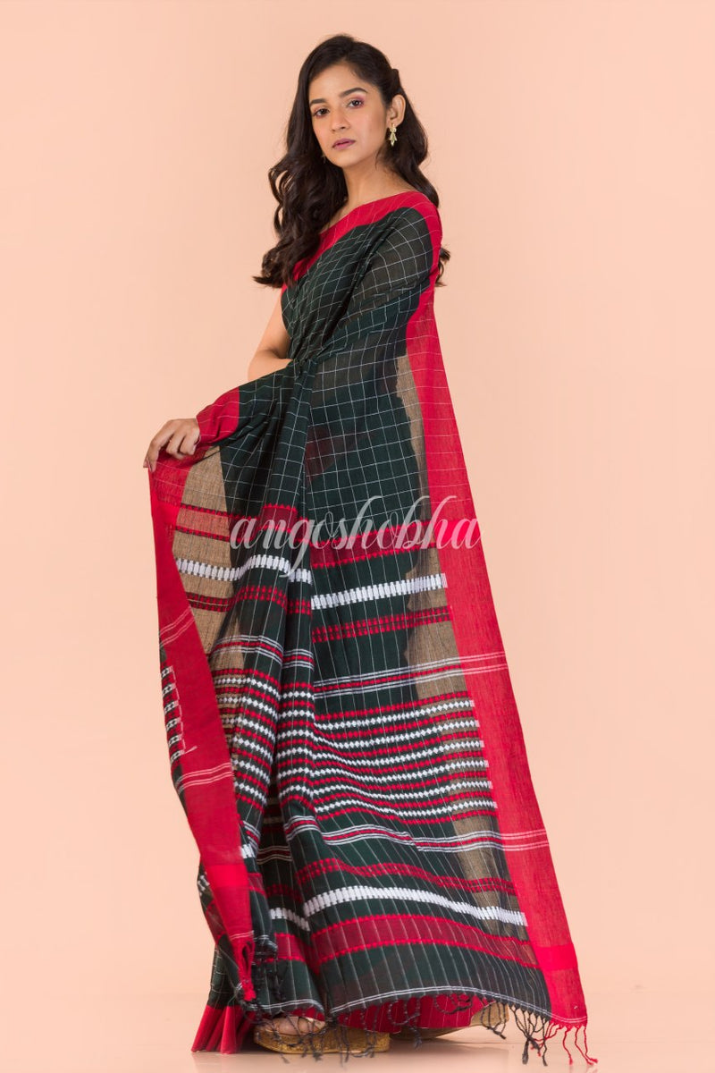 Dark Green Handwoven Cotton Saree