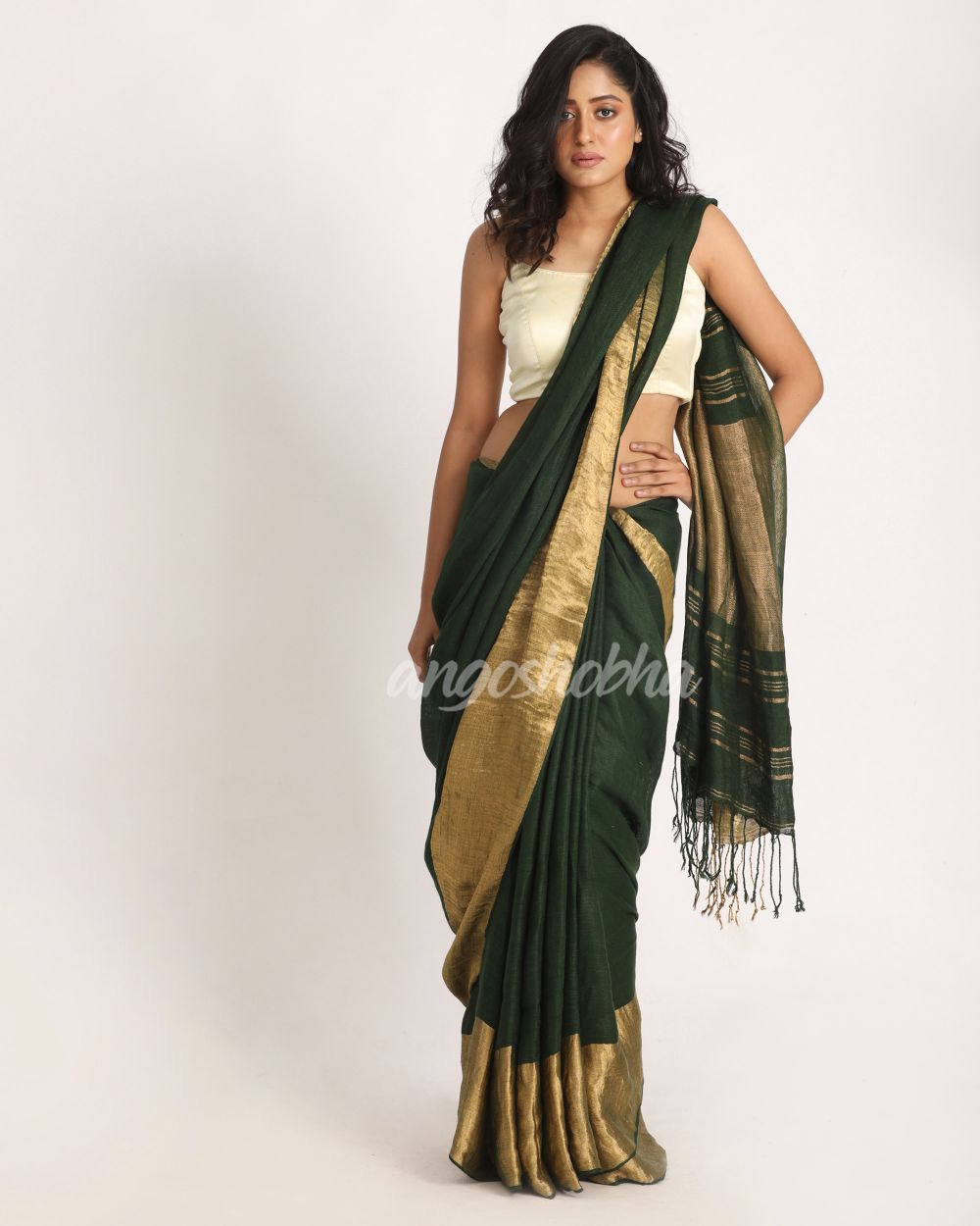 Dark GreenTraditional Handloom Linen Saree angoshobha
