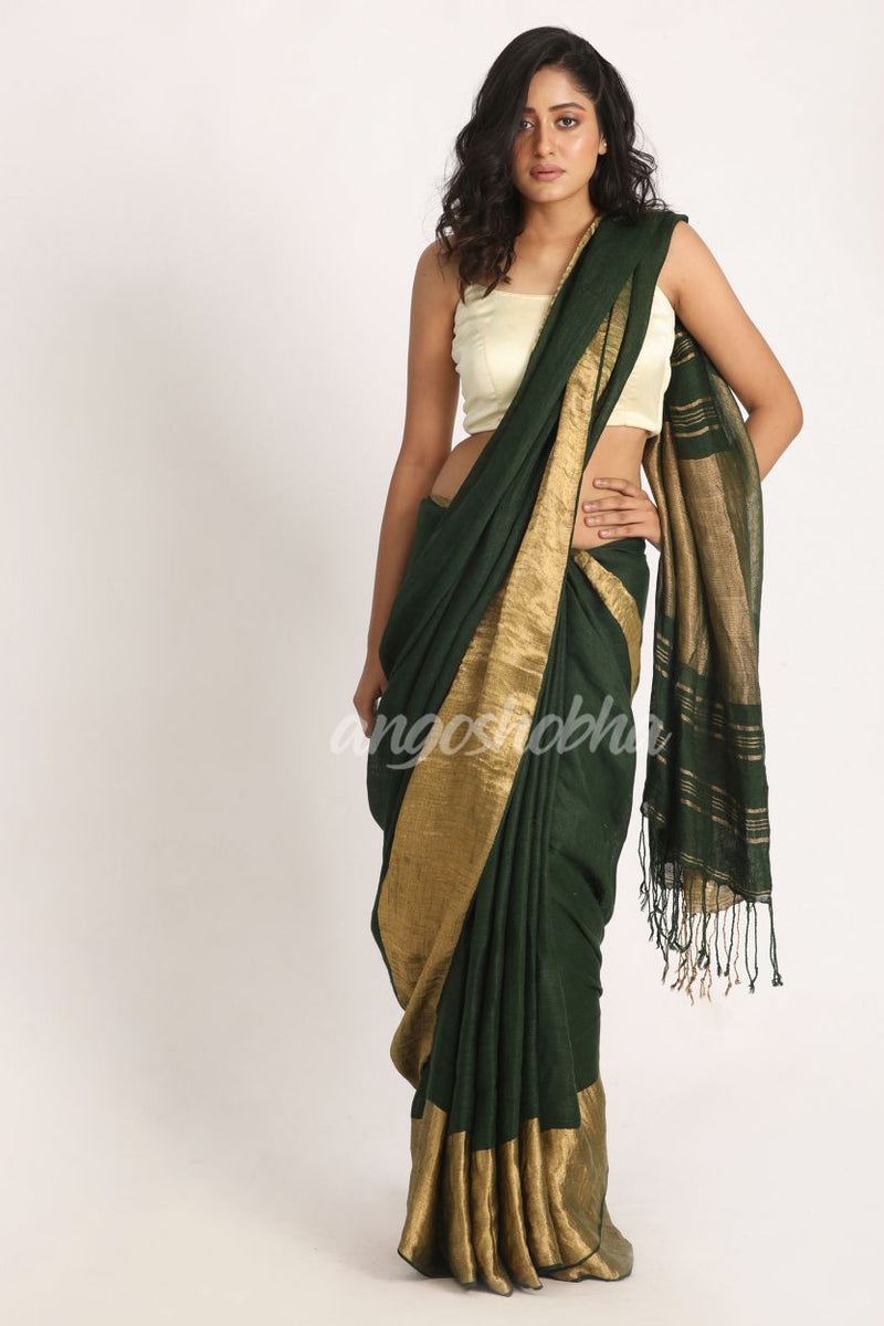 Dark GreenTraditional Handloom Linen Saree