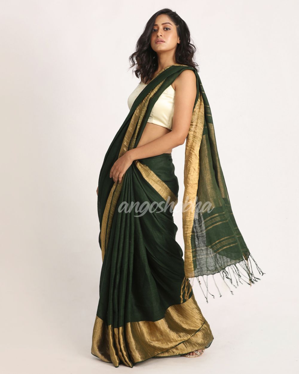 Dark GreenTraditional Handloom Linen Saree angoshobha