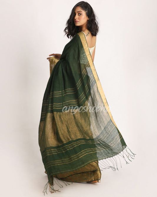 Dark GreenTraditional Handloom Linen Saree angoshobha