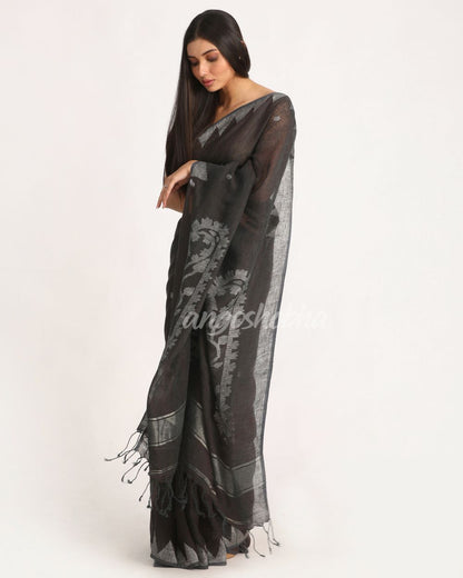 Dark Grey Brown Traditional Handloom Linen Jamdani Saree angoshobha