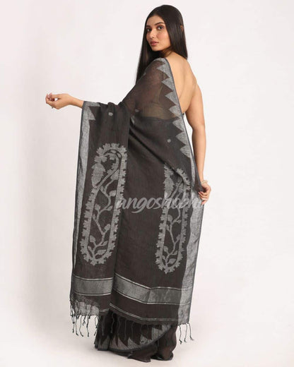 Dark Grey Brown Traditional Handloom Linen Jamdani Saree angoshobha