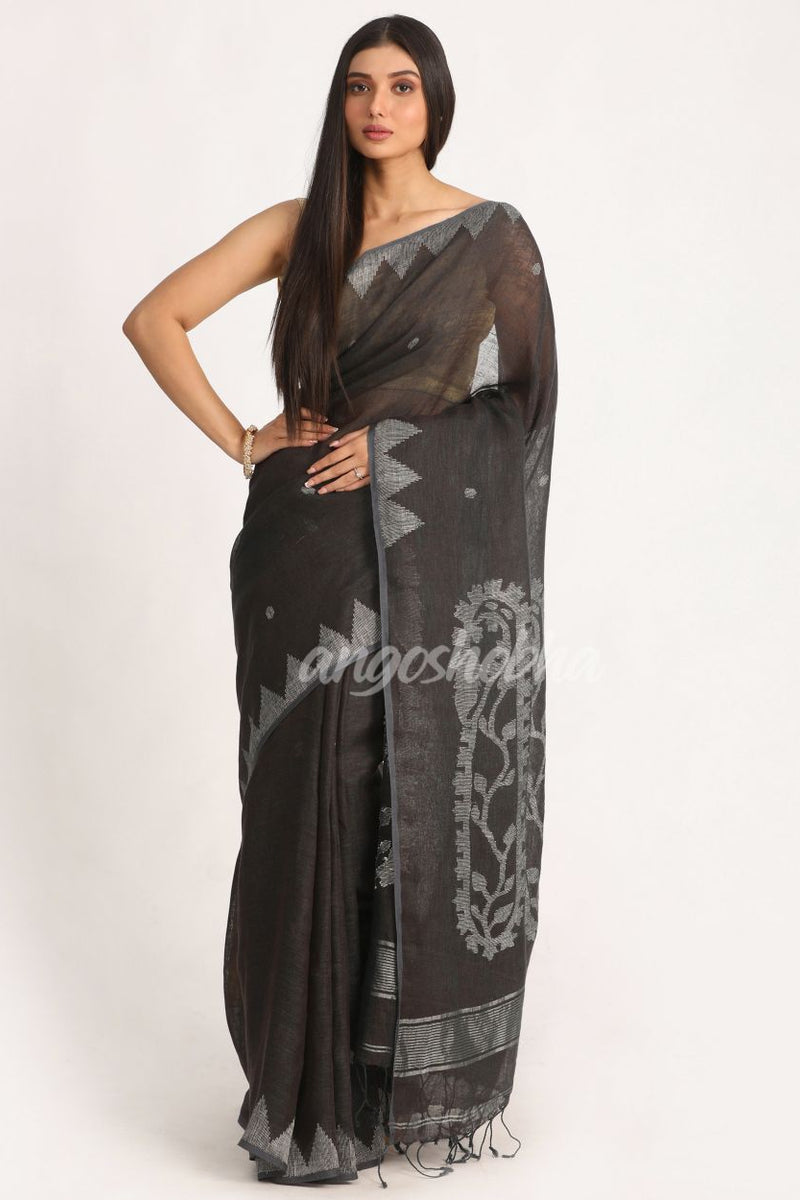Dark Grey Brown Traditional Handloom Linen Jamdani Saree