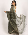 Dark Moss Green Traditional Check Linen Handloom Saree