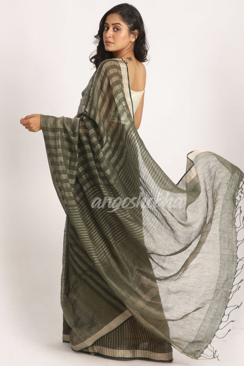 Dark Moss Green Traditional Check Linen Handloom Saree
