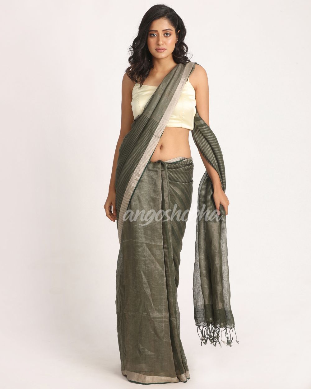 Dark Moss Green Traditional Check Linen Handloom Saree angoshobha