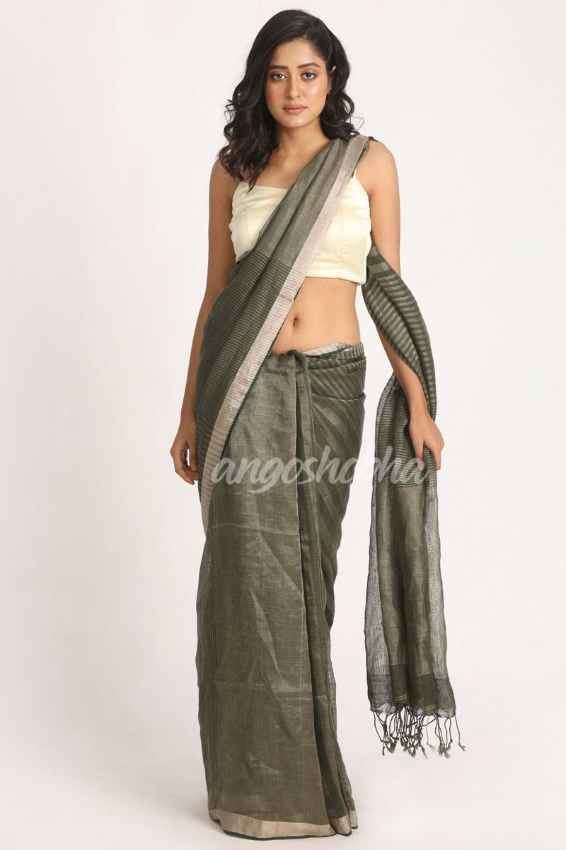 Dark Moss Green Traditional Check Linen Handloom Saree