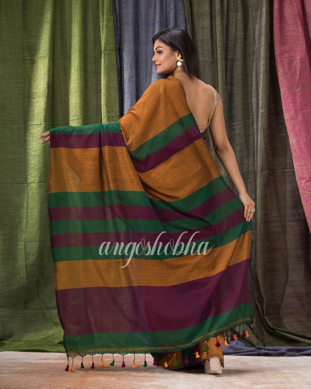 Dark Orange Handloom Bengal Cotton Saree angoshobha