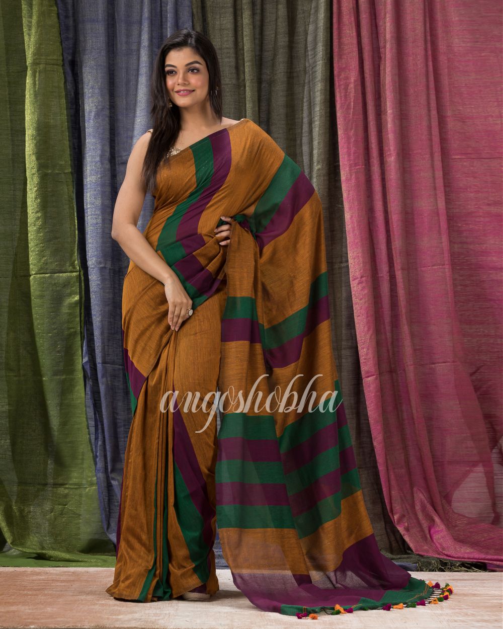 Dark Orange Handloom Bengal Cotton Saree angoshobha