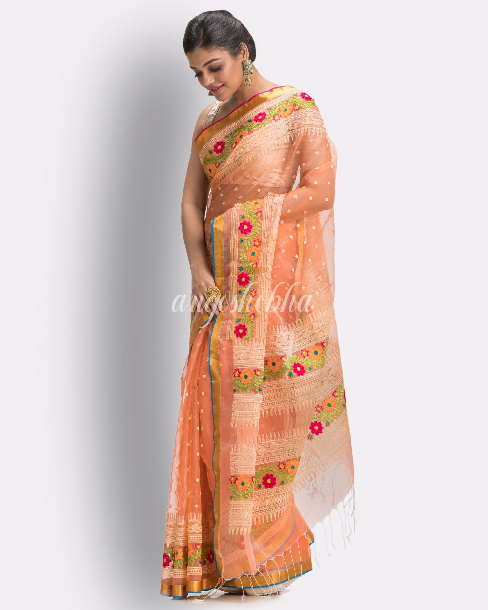 Dark Peach  Art Silk Muslin Handloom Embroidery Saree angoshobha