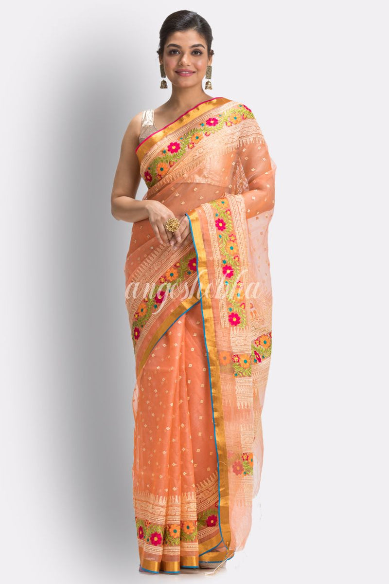 Dark Peach  Art Silk Muslin Handloom Embroidery Saree
