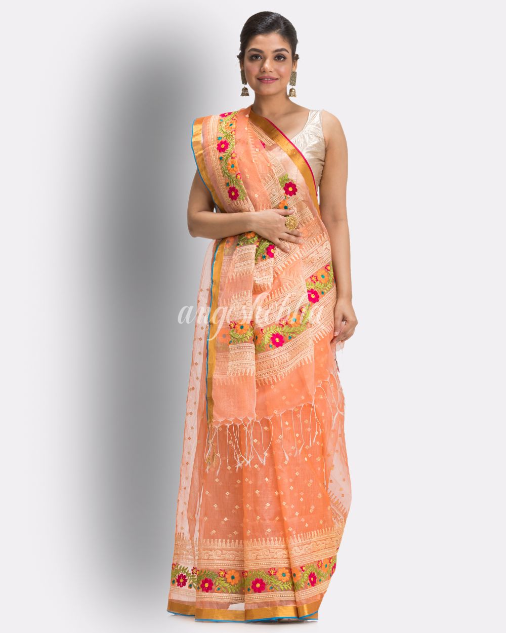 Dark Peach  Art Silk Muslin Handloom Embroidery Saree angoshobha