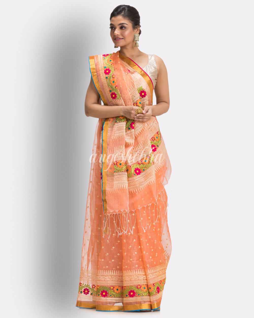 Dark Peach  Art Silk Muslin Handloom Embroidery Saree angoshobha